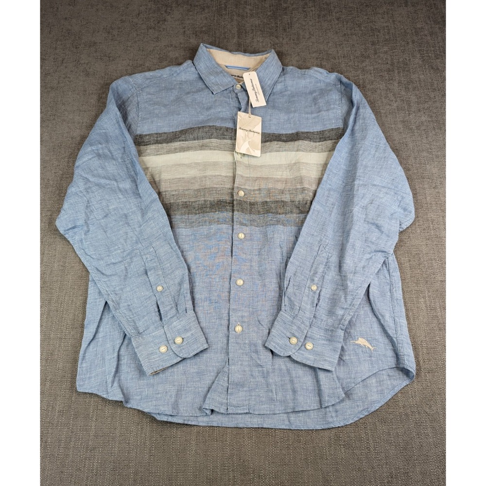NWT Tommy Bahama Shirt Men L Blue Linen Long Sleeve Raffia Blues Button Striped - Picture 2 of 7